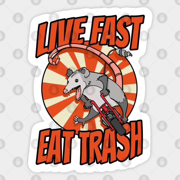 Live Fast Eat Trash Possum Riding Vintage Minibike Sticker by Huhnerdieb Apparel